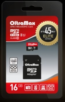 Карта памяти OLTRAMAX MicroSDHC 16GB Class 10 UHS-1 Elite + адаптером SD 45 MB/s