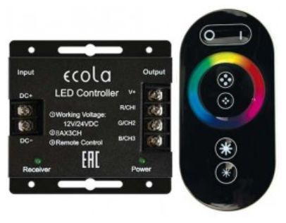 аксессуары для светильников ECOLA RFC24BESB ECOLA LED strip RGB RF controller 24A 288W 12V (576W 24V) с кольцевым сенсорным черным радиопультом