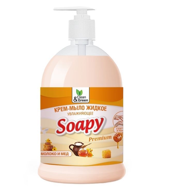 Крем-мыло жидкое CLEAN&GREEN CG8113 Крем-мыло жидкое "Soapy" молоко и мёд увлажняющее с дозатором 1000 мл.